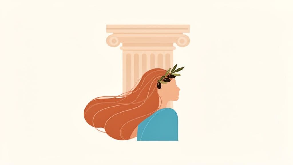 Portrait stylisé d'une femme rousse en profil avec une couronne d'olivier et une colonne grecque.
