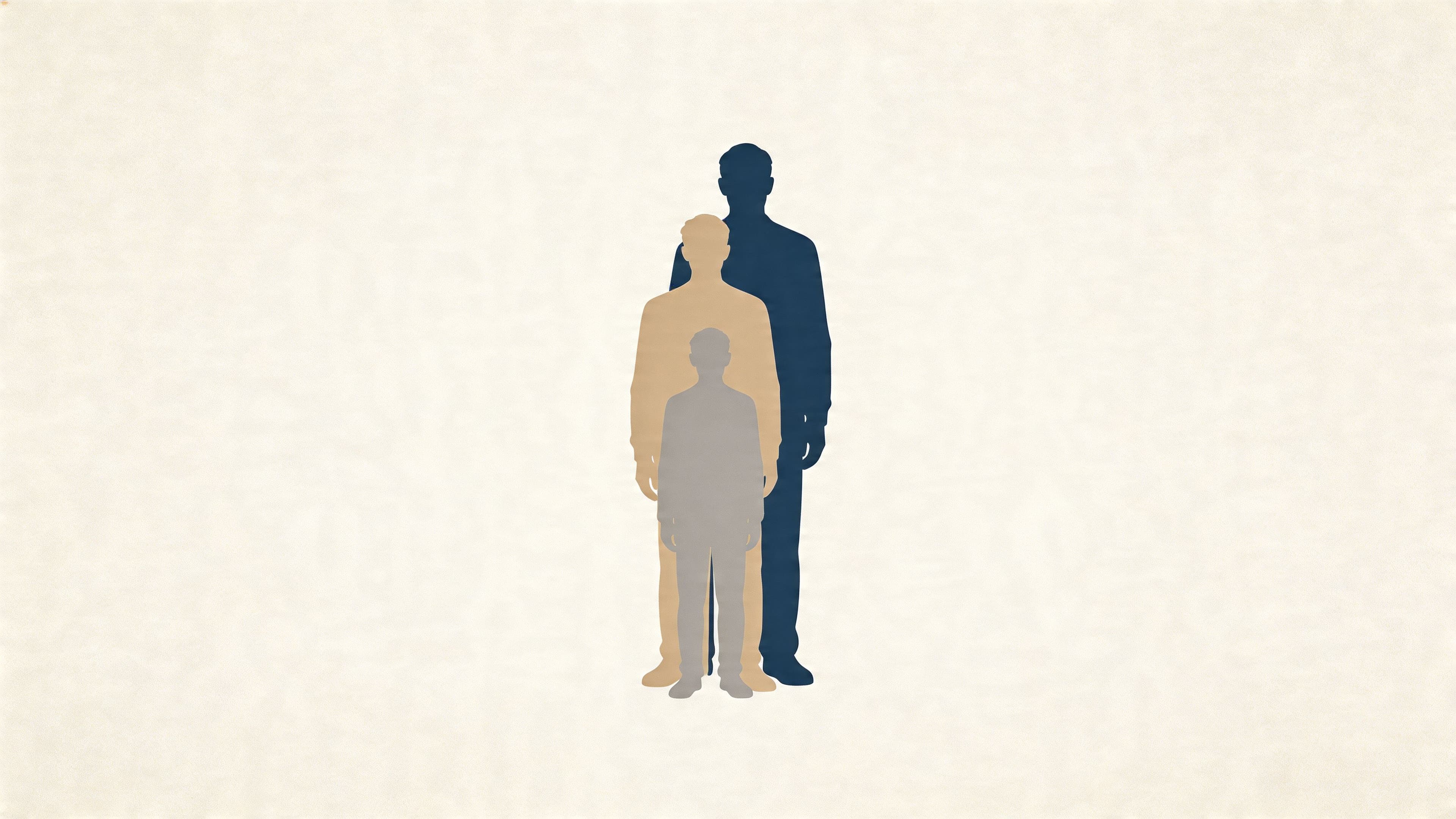 Trois silhouettes masculines de tailles différentes superposées, symbolisant les étapes de la croissance humaine sur fond neutre.
