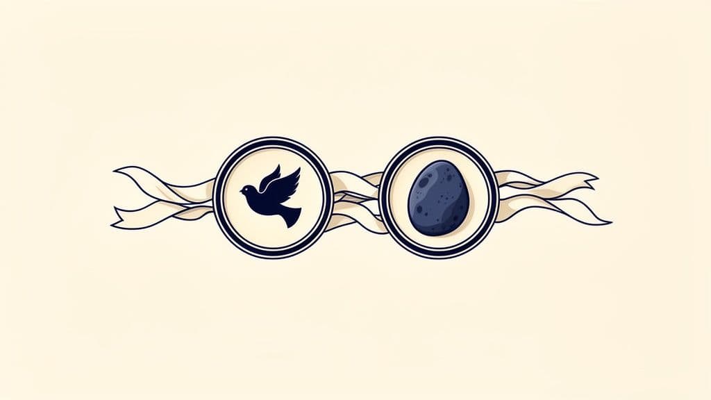 Illustration stylisée d'une colombe et d'un œuf dans des badges ronds liés par des rubans décoratifs