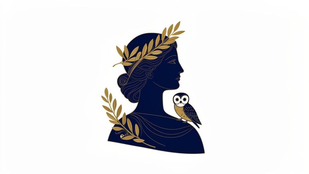 Silhouette bleue d'une femme grecque avec une couronne d'olivier dorée et une petite chouette