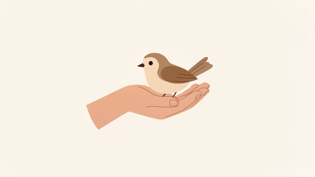 Une main humaine ouverte tient délicatement un petit oiseau brun dans sa paume sur un fond clair.