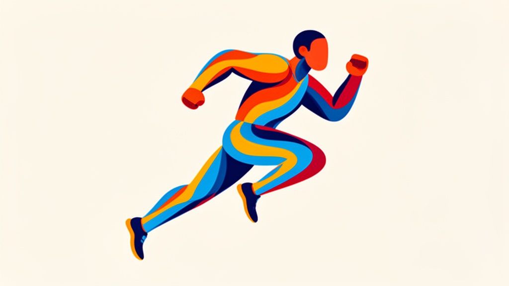 Un coureur stylisé en pleine action, illustré avec des bandes de couleurs vives : bleu, rouge, orange et jaune sur fond blanc.