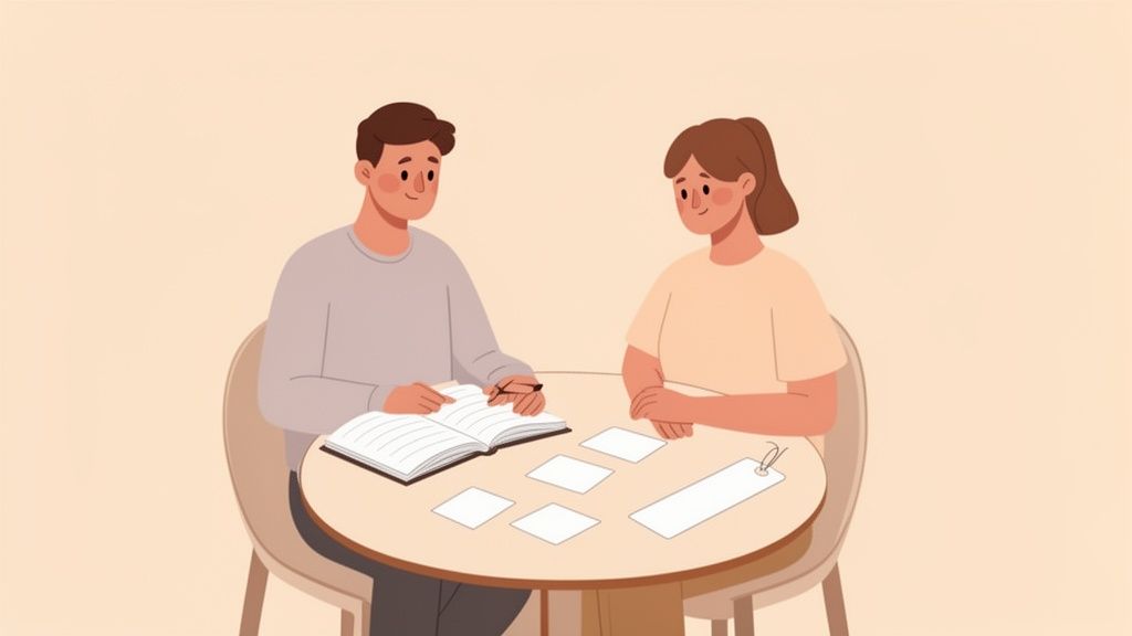 Deux personnes souriantes discutent à une table, avec un livre ouvert et des fiches pour une collaboration.