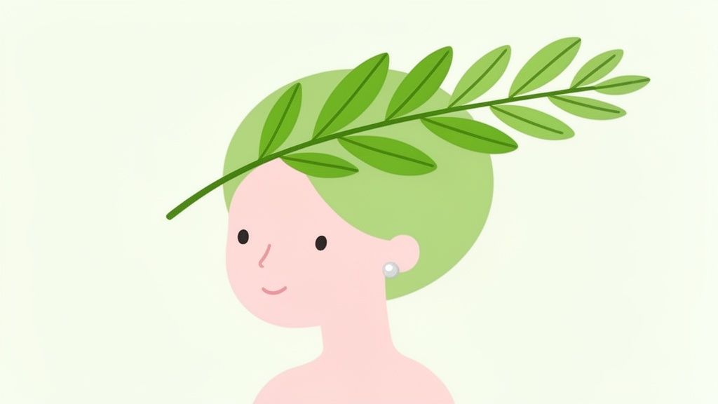 Illustration d'une femme souriante aux cheveux verts, ornée d'une branche de feuilles et d'une boucle d'oreille en perle.