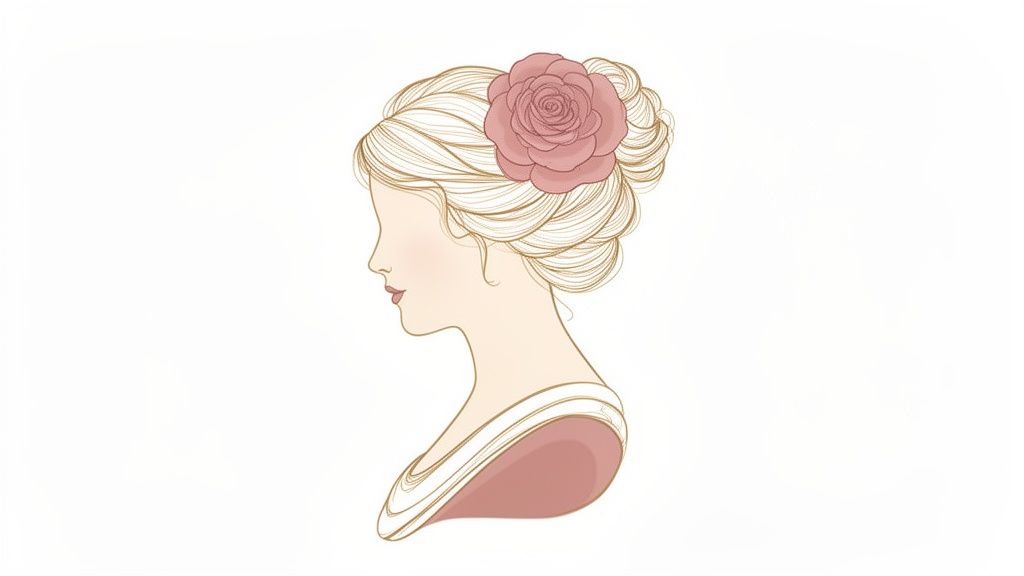Profil d'une femme blonde élégante avec un chignon orné d'une rose rose et un haut rose.
