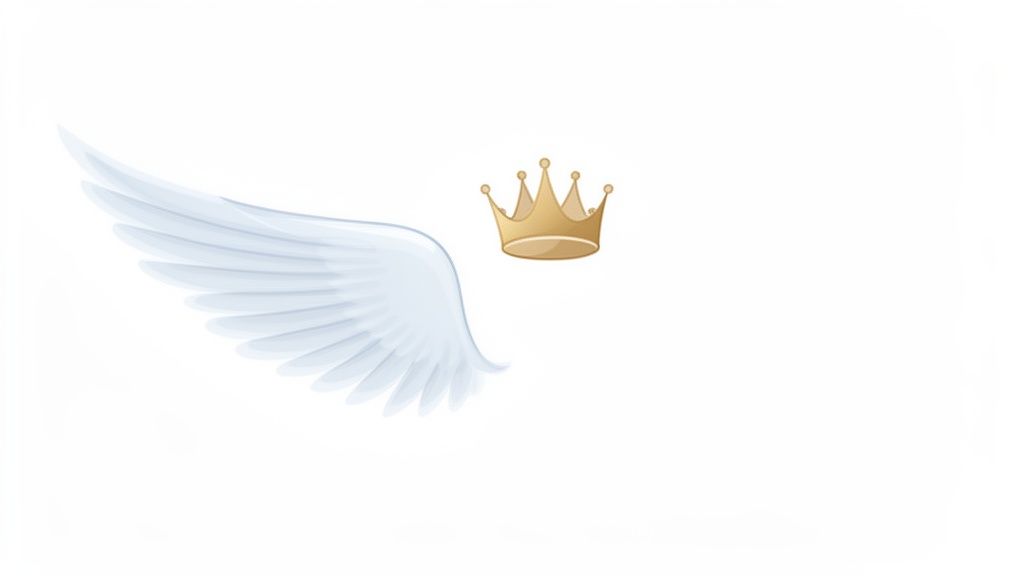 Une aile d'ange bleu clair et une couronne dorée symbolisent la royauté et la pureté sur un fond blanc.