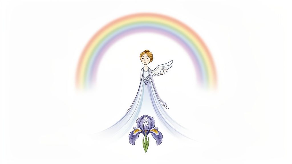 Illustration d'une figure angélique aux ailes blanches et robe fluide sous un arc-en-ciel, avec une fleur d'iris.