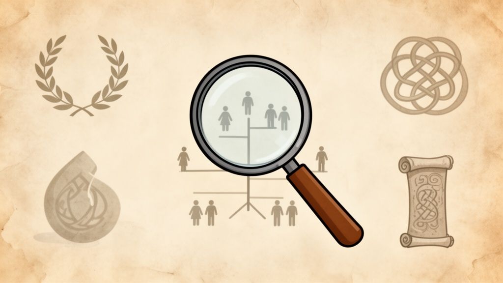 Une loupe examine un arbre généalogique entouré de symboles d'héritage: couronne de laurier, nœud celtique, pierre ancienne et parchemin.