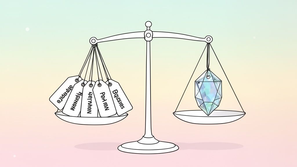 Une balance de justice avec plusieurs étiquettes de prénoms sur un plateau et un grand cristal facetté sur l'autre, symbolisant le choix et l'équilibre.