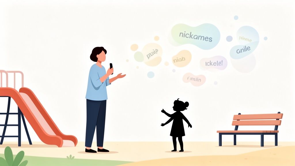 Une femme parle à un enfant dans un parc, entourée de bulles de mots comme 'surnoms'.