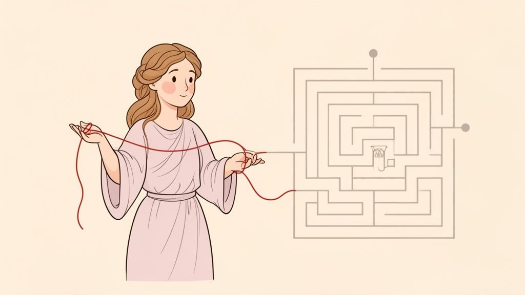 Une femme en robe grecque tenant un fil rouge menant à un labyrinthe avec une créature au centre.