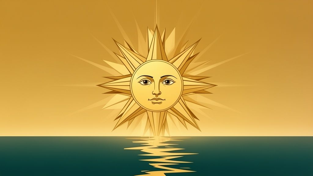 Soleil doré stylisé avec un visage humain rayonnant au-dessus de l'eau, son reflet visible.