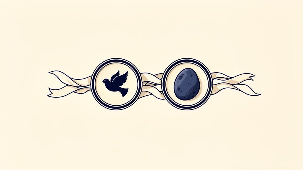 Illustration stylisée d'une colombe et d'un œuf dans des badges ronds liés par des rubans décoratifs.