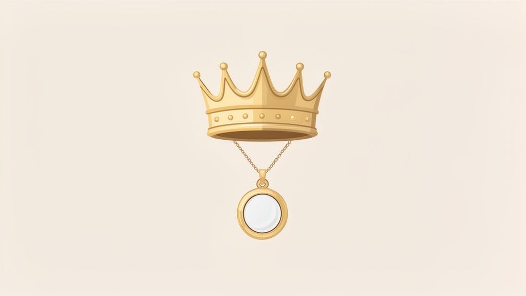 Une couronne royale dorée et brillante avec un médaillon rond blanc suspendu à une chaîne en or.