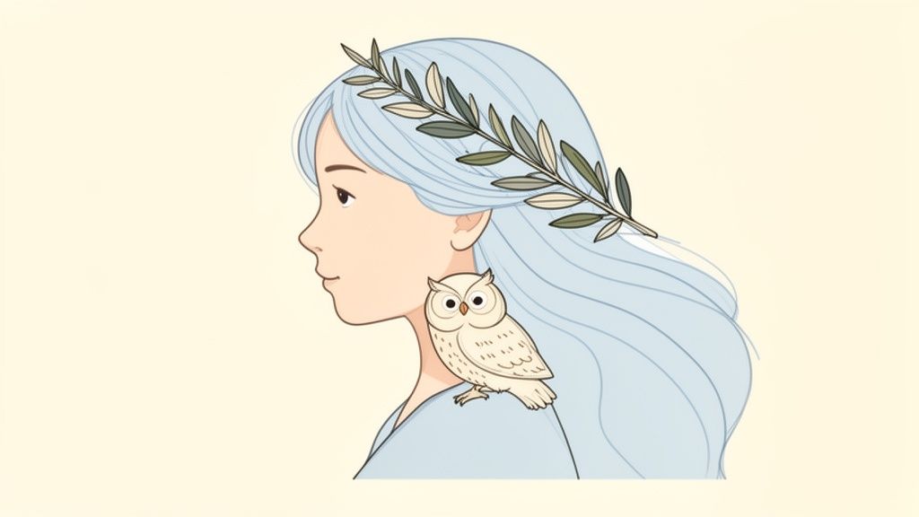 Illustration d'une femme aux cheveux bleus portant une couronne d'olivier et un hibou, évoquant Athéna.